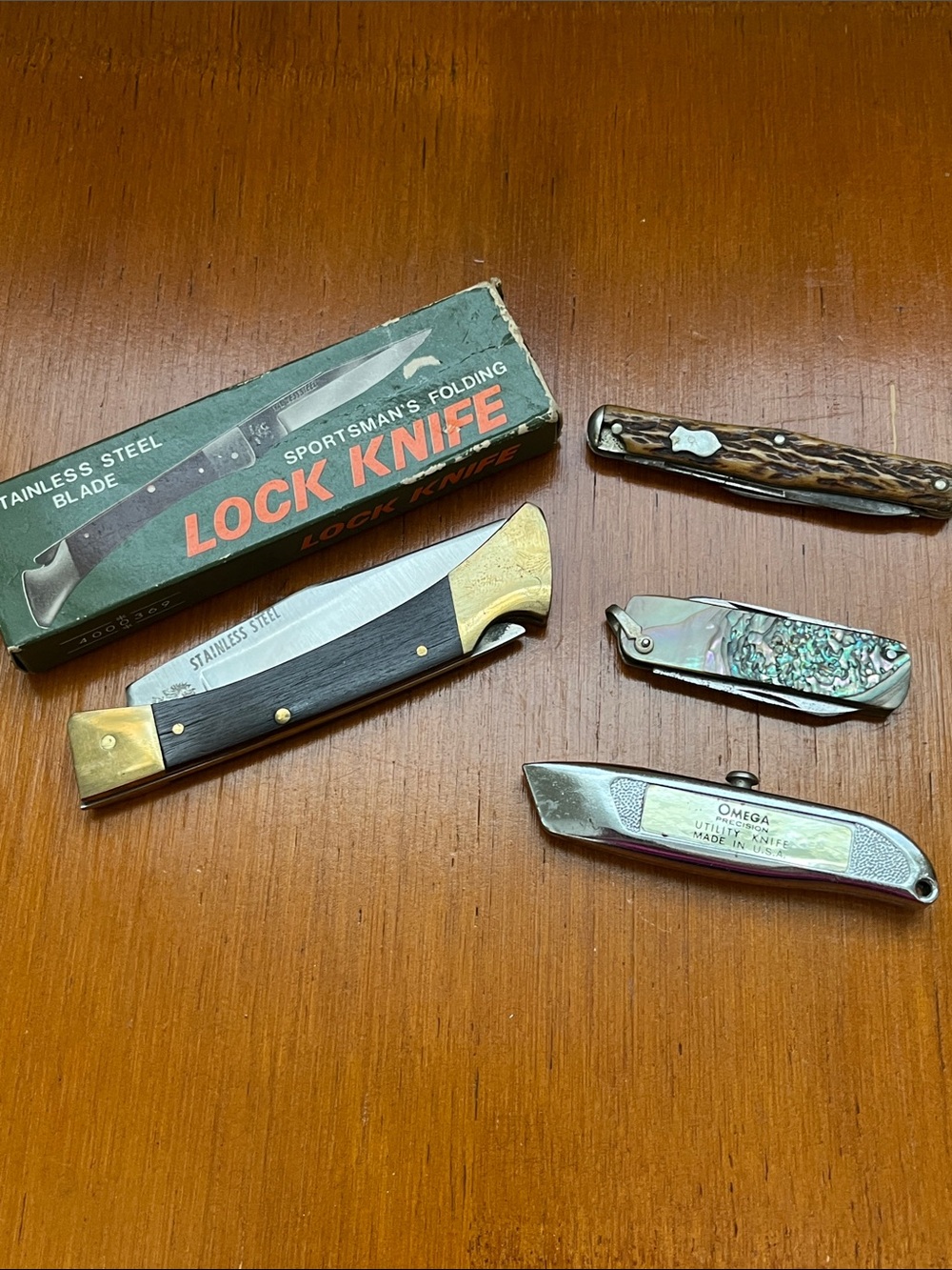 Assorted Pocket Folding Knives with Lock Knife Box - Brown, Black, Silver